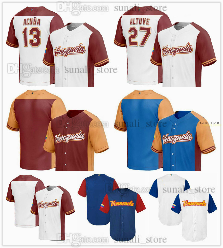 

2023 World Cup Baseball Venezuela Jerseys Andres Gimenez Gleyber Torres Eugenio Suarez David Peralta Edwin Escobar Jesus Luzardo Ranger Suarez Martin Perez, Women white