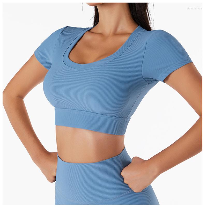 

Active Shirts Ribbed Naked Feel Yoga Running Sports Short Sleeved Cropped T-shirt Women Quick Dry U Neck Padded Fitness Workout Crop Tops, Premium black