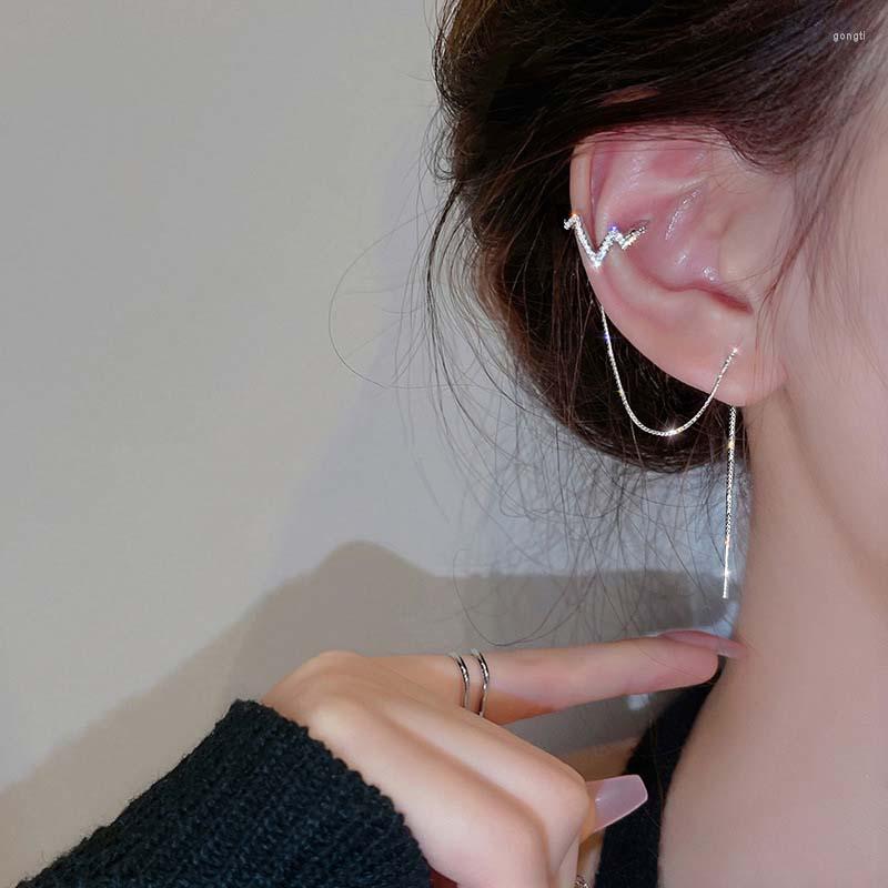 

Backs Earrings 1 Pc Sliver Color Wave Chain Ear Clip Earring For Women Simple Long Tassel Rhinestones Piercing Jewelry 2023 Trendy