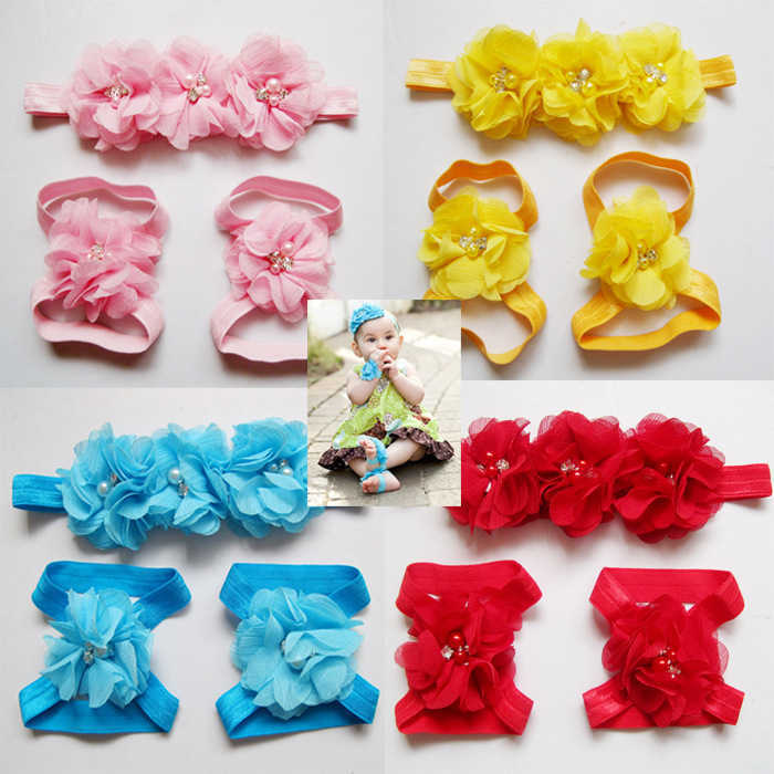 

L164 head flower and foot flower suit hand sewn chiffon flower hair band baby headdress headband
