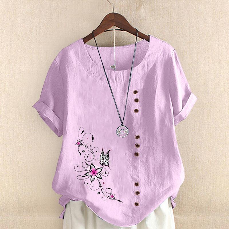 

Women's Blouses & Shirts Fall Women Printed Round Neck Raglan Sleeve Hem Slit Loose Short Button Decoration Shirt T StyleWomen's, Army green