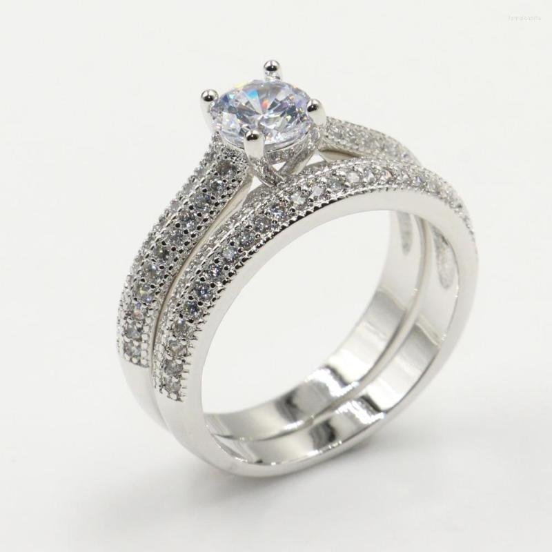 

Cluster Rings Size 5-12 Stunning Luxury Jewelry 925 Sterling Silver Round Cut White Clear 5A Cubic Zirconia Wedding Bridal Ring Set