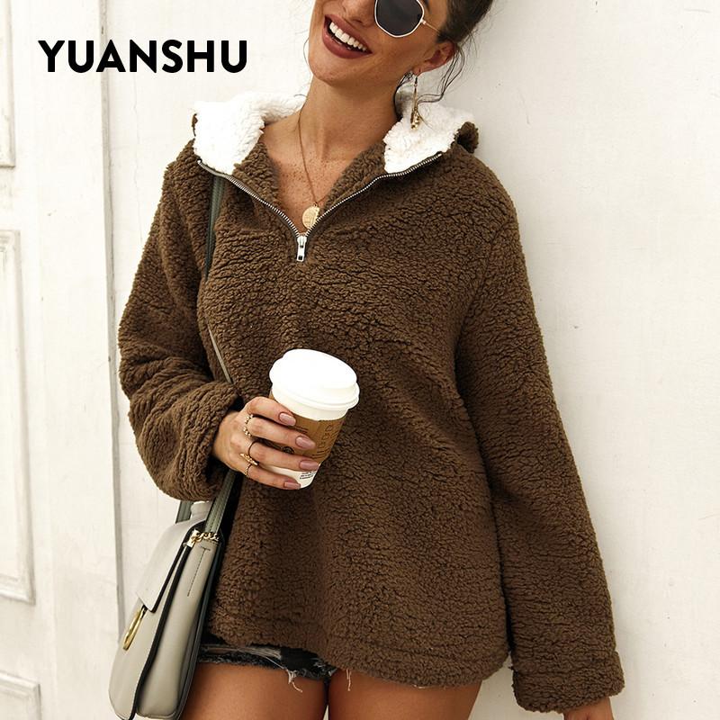 

Women' Hoodies & Sweatshirts YUANSHU Casual Zipper Fluffy Hoodie Women Winter Warm Fleece 2023 Autumn Ladies Faux Fur Plush Pullover, Khaki