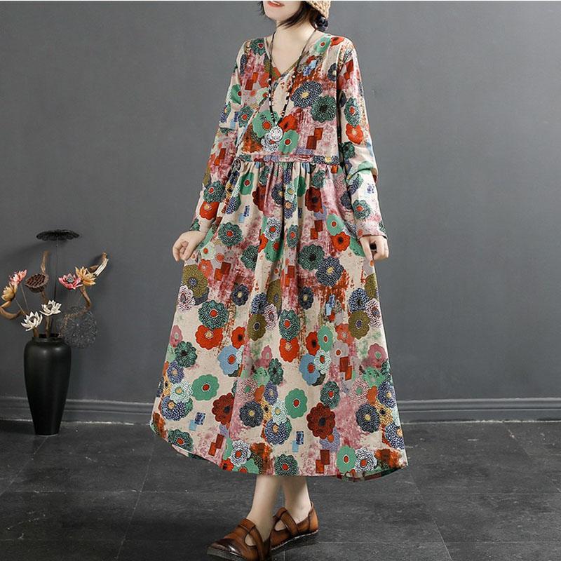

Casual Dresses Johnature Women Retro Cotton Linen Print Floral Fashion Long Sleeve Dress 2023 Spring V-neck Comfortable Belt DressesCasual, Blue