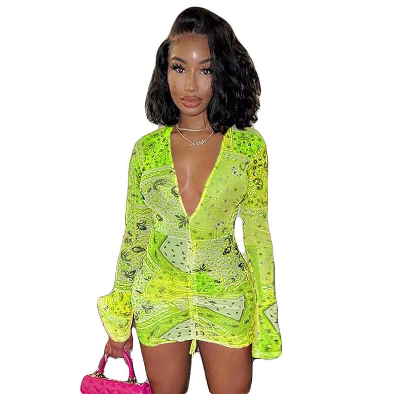 

Casual Dresses Spring Summer Deep V-neck Print Trumpet Long Sleeve Party Dress Pleated Short, Purple printing