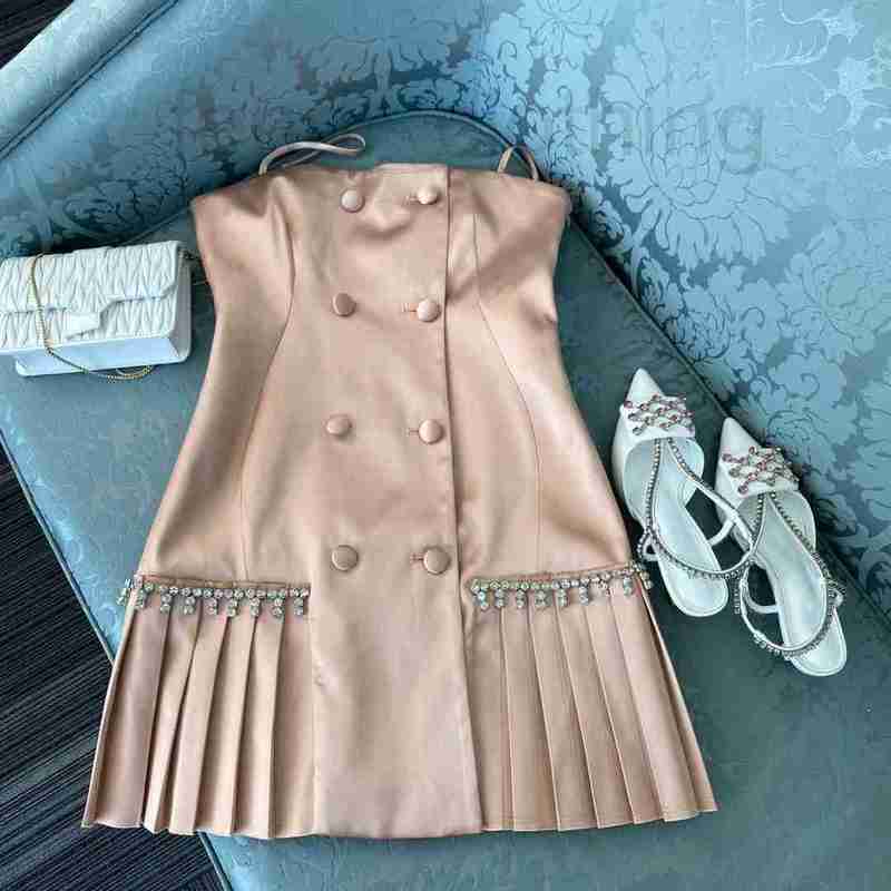 

Casual Dresses designer Shenzhen Nanyou high-end spring and summer new satin rhinestone decorative button pleated suspender dress women 03HS, Pink