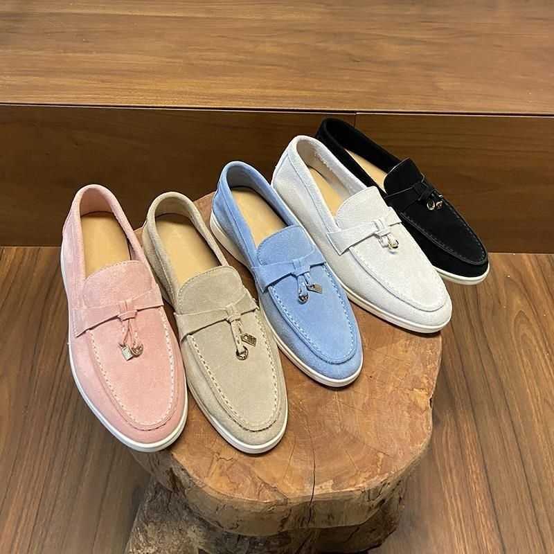 

Shoes Factory Designer Loropiana Leather Shoes Women's Leather Flat Bottoms Are Versatile Women's Casual Shoes Suede Soft Leather Blue Thick Soles Loafers Women, Black