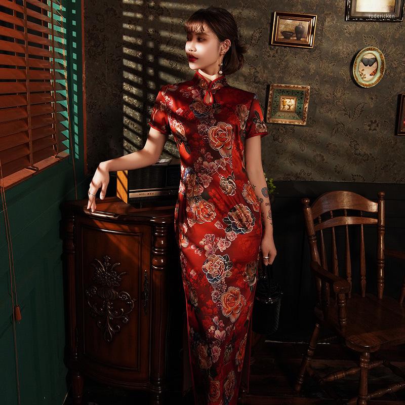 

Ethnic Clothing Sexy Satin Female Qipao Vintage Chinese Evening Dress Vestidos Mandarin Collar Classic Print Cheongsam Plus Size S-4XL