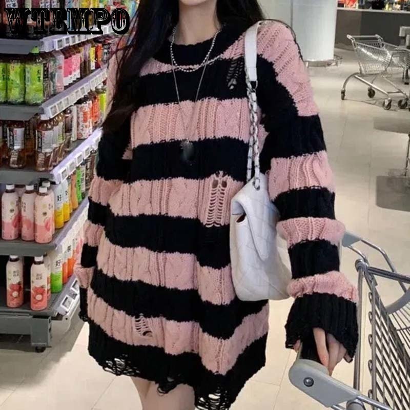 Women's Sweaters Striped Loose Sweater Gothic Women's Irregular Ripped Twist Pullover Mid-length Top Crew Neck Long Sleeve Knit Pullover S