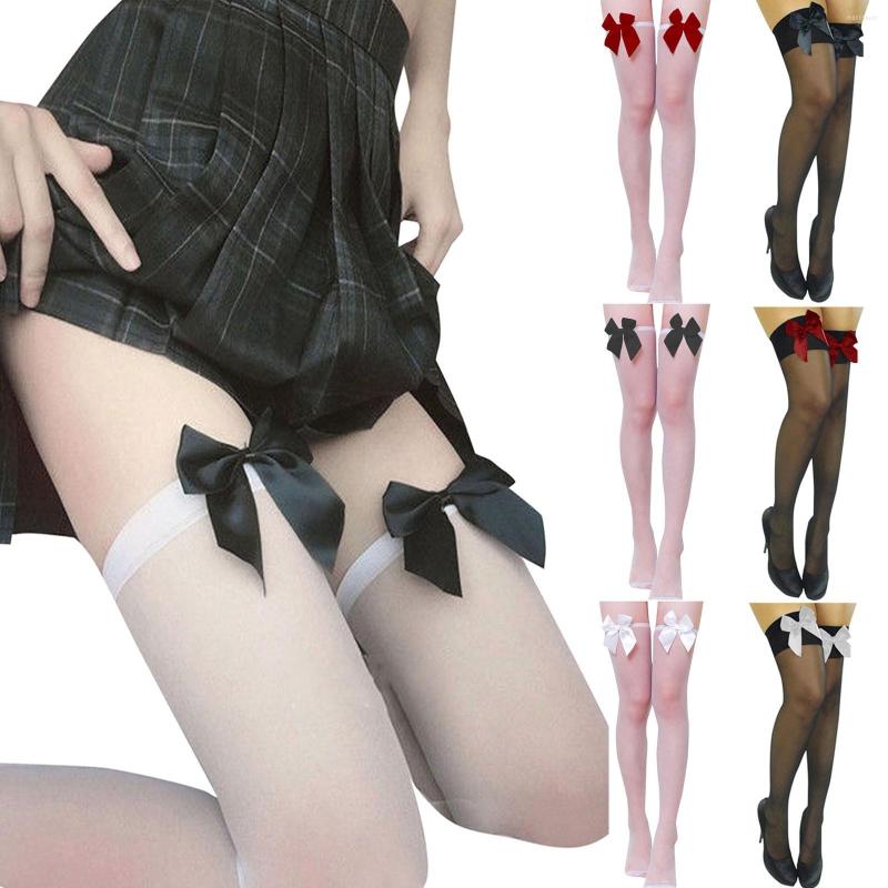 

Women Socks Hosiery Ladies Satin Bow Cute Sexy Legs Long Tube Transparent High Thigh Stocking Lingerie Over