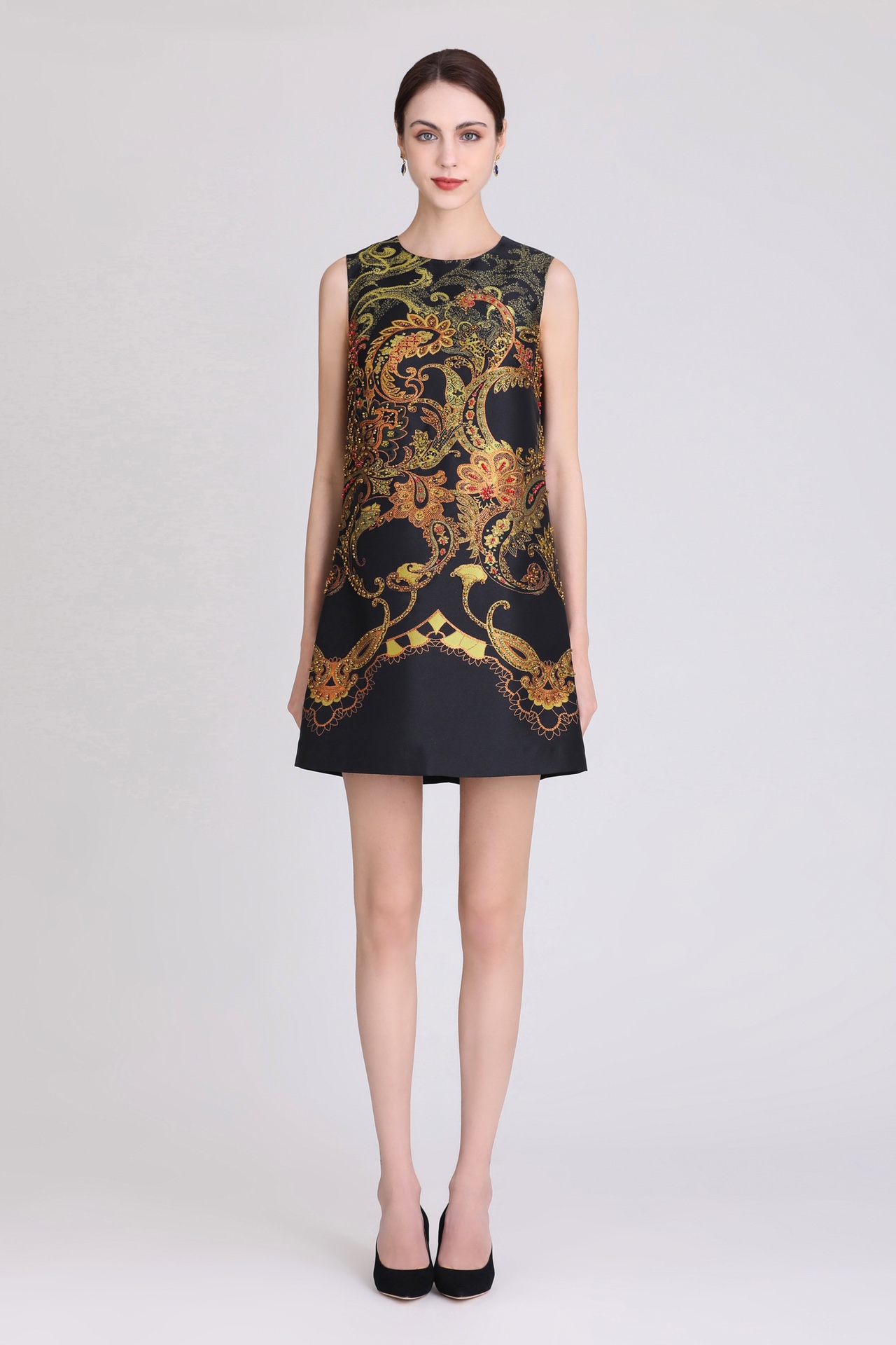 

Casual Dress Dress Original Designer's Handmade Beaded Print A Dress Spring and Summer Short Sleeve Loose Round Neck Dress, Picture color