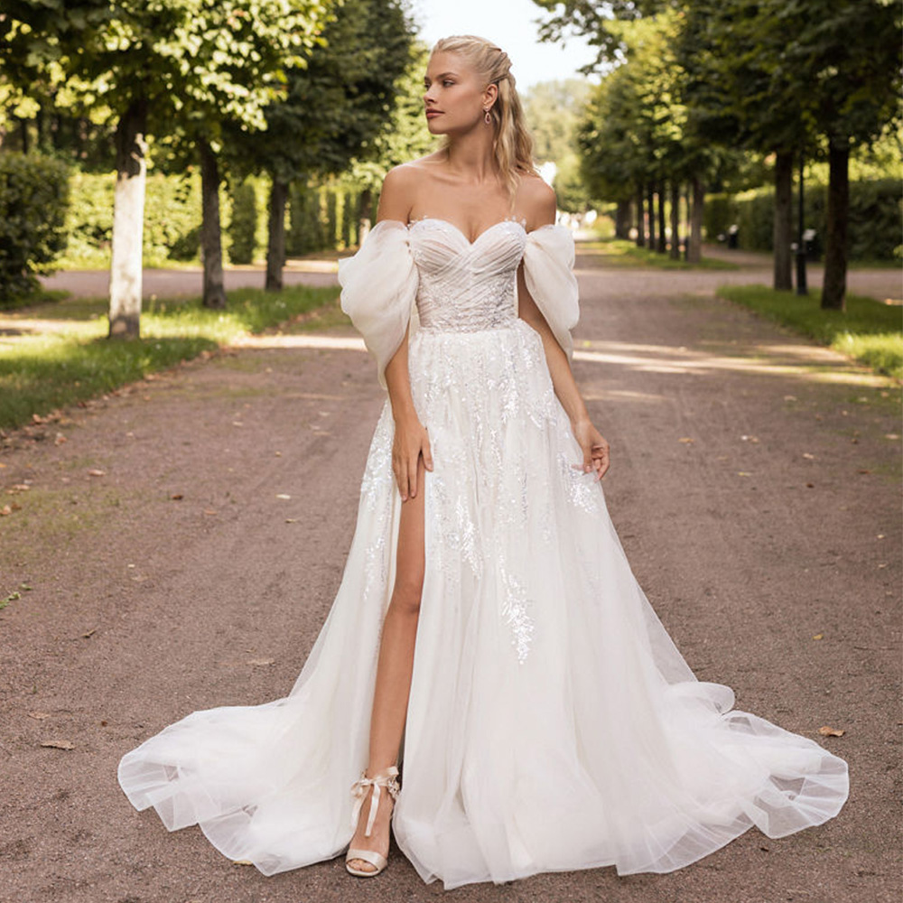 

2023 Sweetheart Wedding Dress Tulle Lace Appliques Gillter Tulle Off The Shoulder A-Line Side Slit Bridal Gowns Sweep Train Vestidos De Noiva, Ivory