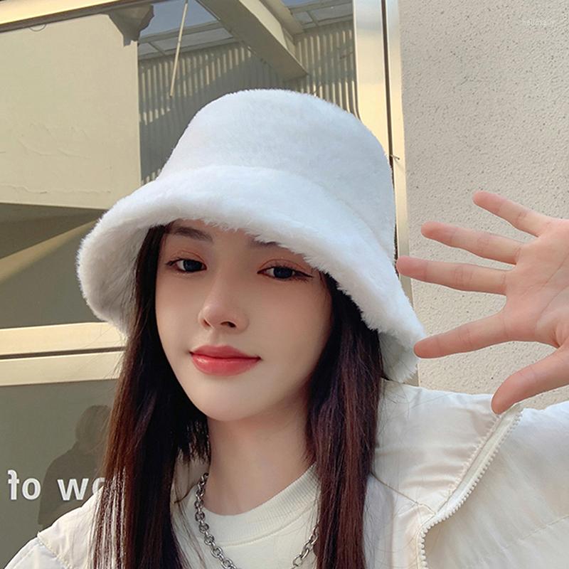 

Berets Korean Fashion Winter Furry Warm Bucket Hats For Women Lady Cute Plush Solid Color Windproof Thicken Outdoor Fisherman Cap Hat, Black