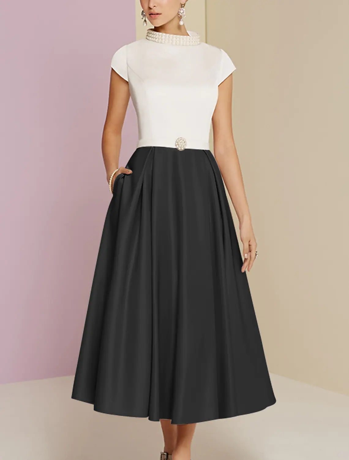Khaki A-line Mother of the Bride Dress 2023 Wedding Guest Party Gowns Vintage Plus Size High Neck Tea Length Satin Short Sleeve Pearls Robe De Soire