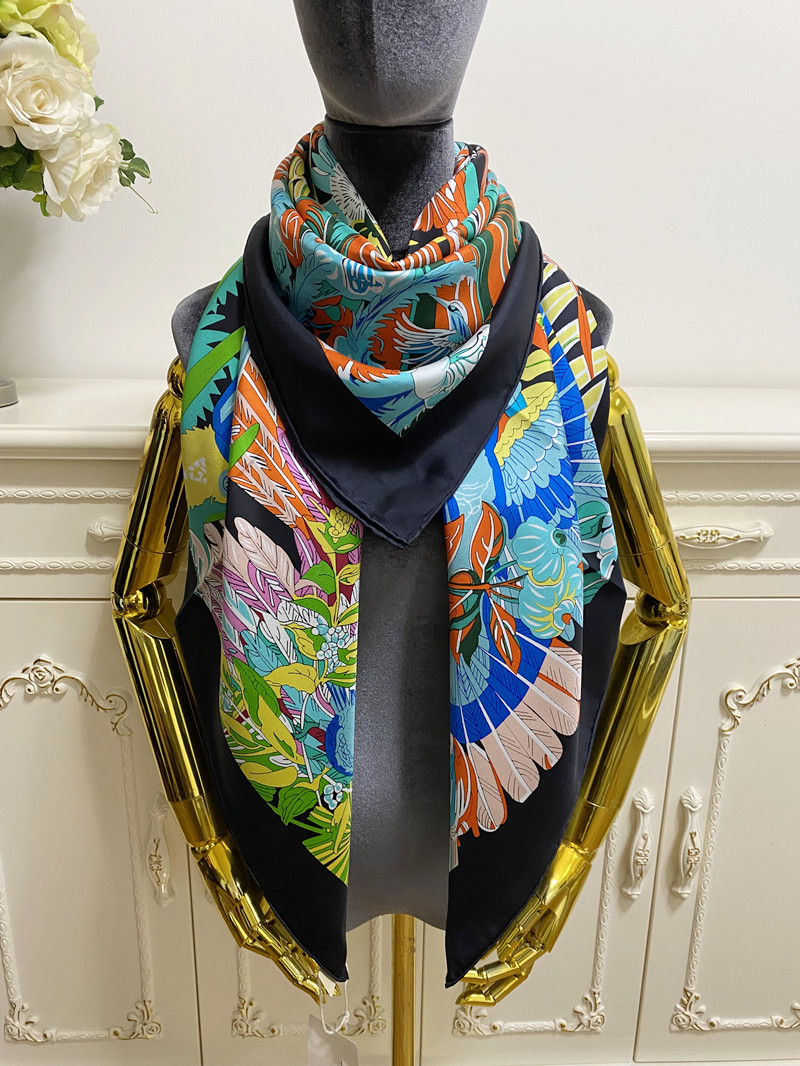 

women's square scarf scarves shawl 100% twill silk material black pint letters flowers pattern size 130cm - 130cm