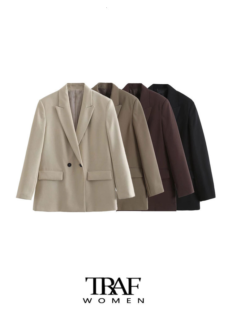 Womens Suits Blazers TRAF Women Fashion Double Breasted Loose Fitting Blazer Coat Vintage Long Sleeve Pockets Female Outerwear Chic Veste Femme 2302