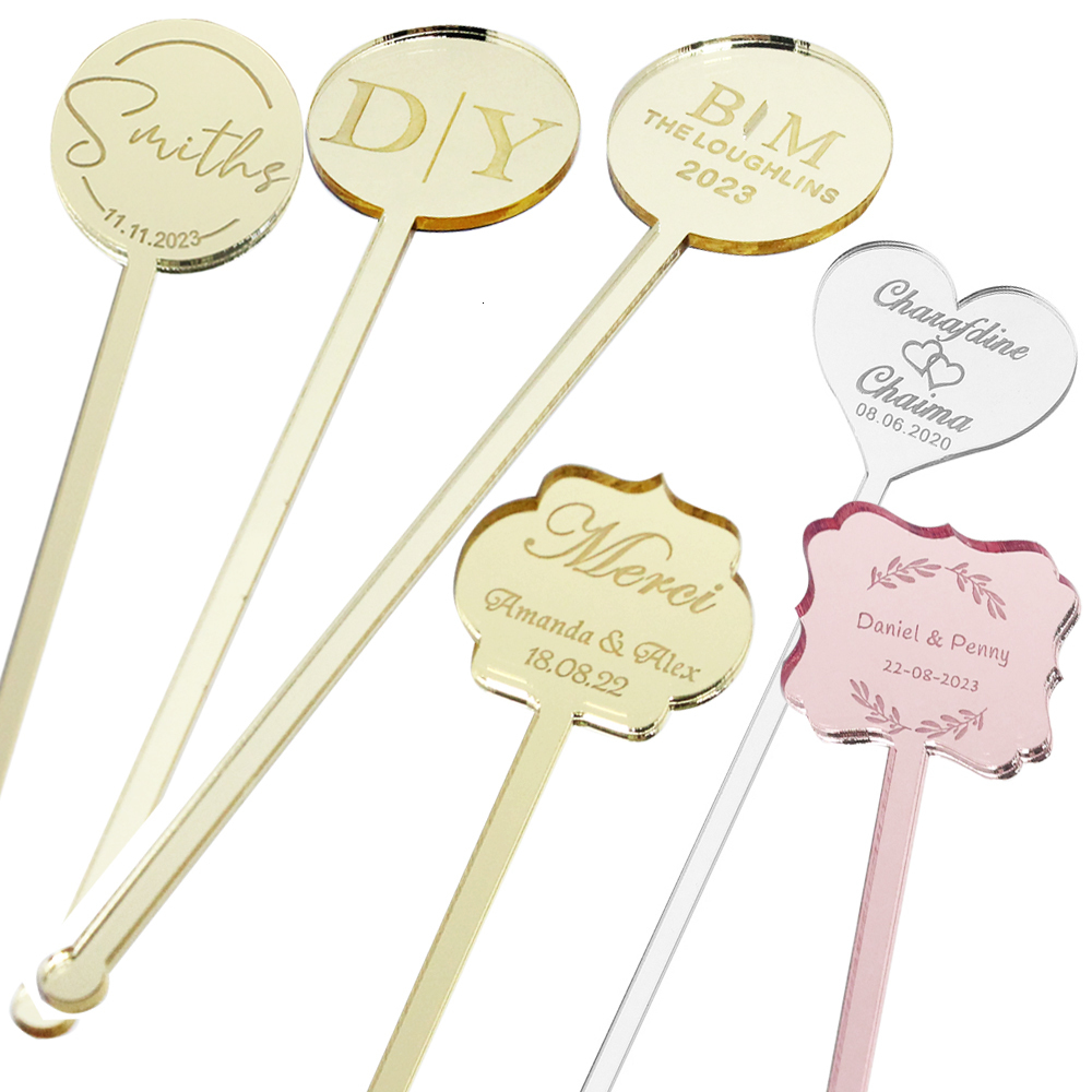 

Gift Wrap 100PCS Personalized Engraved Stir Sticks Etched Drink Stirrers Bar Stir Sticks Swizzle Acrylic Table Tag Baby Shower Decor 230228