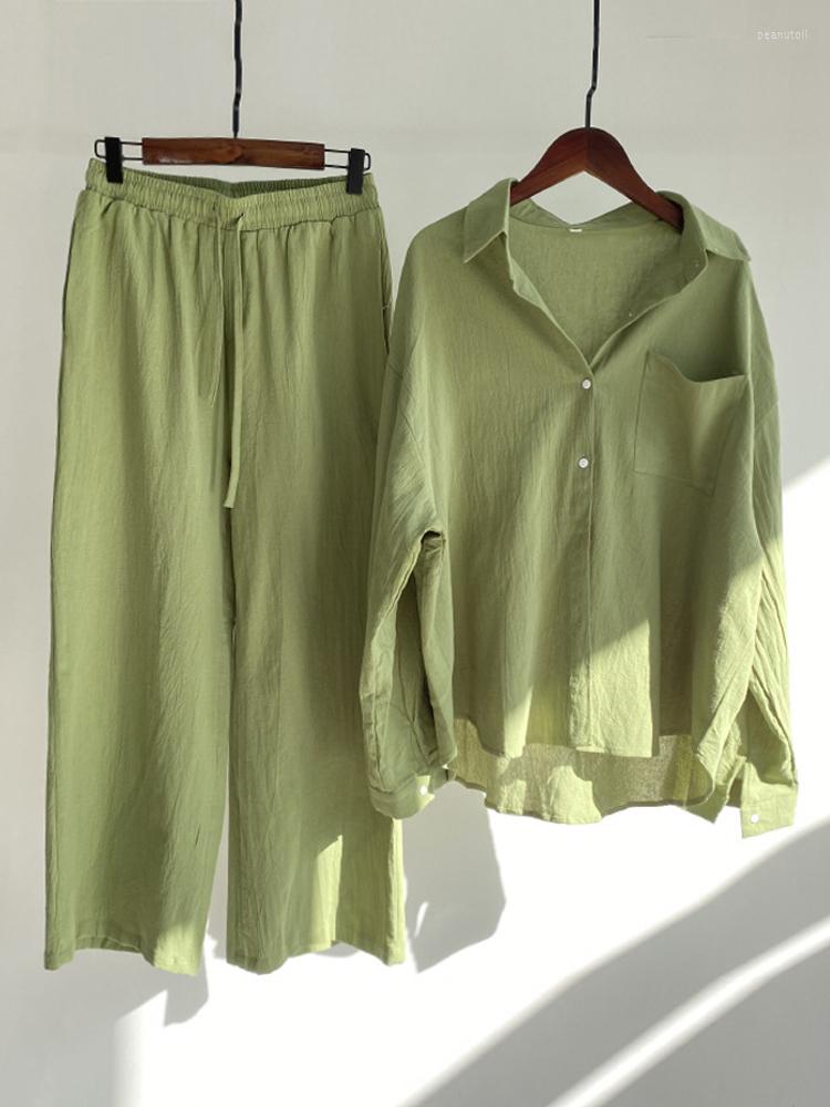 

Women' Tracksuits 2023 Summer Casual Cotton Linen Suits With Shorts For Women Shirt And Set Outfit Long Sleeve Ankle-Length Pants Tracksuit, Grass green shortset