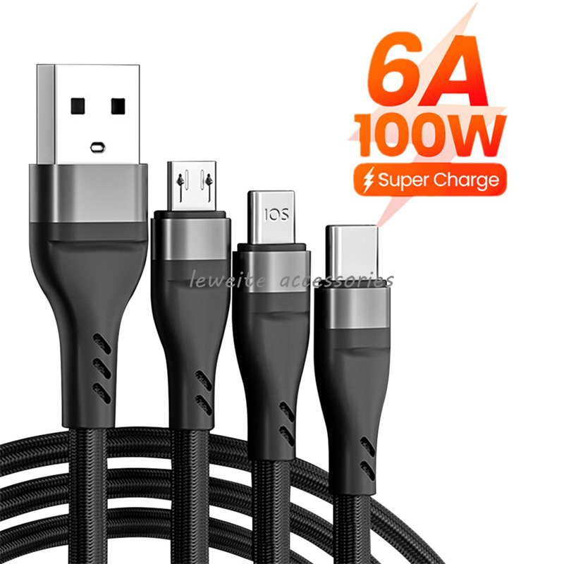 

100W 6A USB Type C Cable Super Fast Charging Cable for iPhone Samsung Xiaomi Mobile Phone 3 IN 1 USB Charger Data Cable 1.2m, Mix color