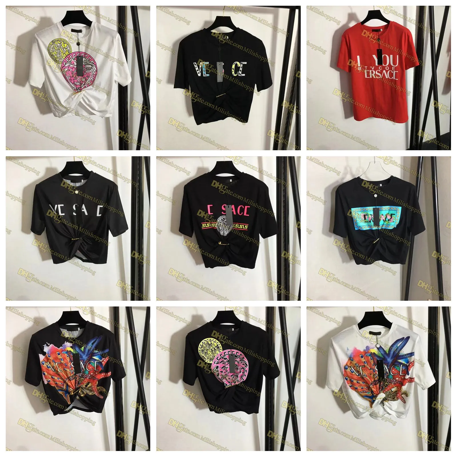 

Designers T-shirts T Shirts Women Chest Letter Shirt Big pins flowers printing Pin tucked waist short sleeved T-shirt Casual Clothing, 10