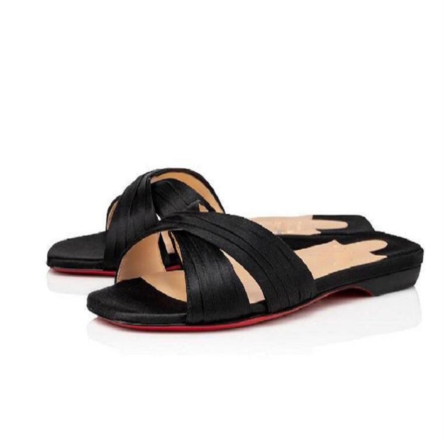

Perfect Quality Ladies Red Bottomss Sandals Outdoor Casual Nicol Back flat embellished black satin crepe bands Designed Party Dres306w, Colour 2