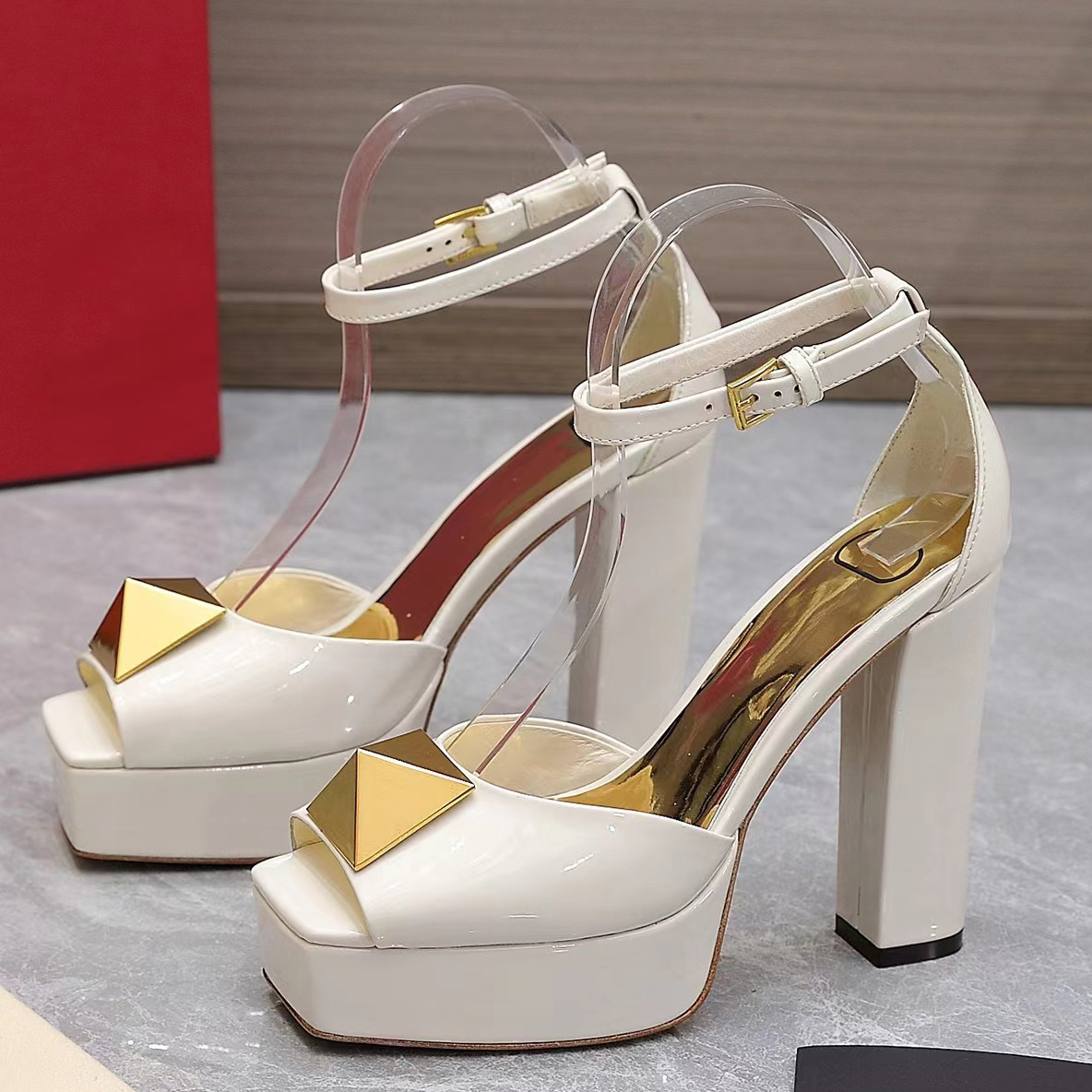 

Fashion sandals high heeled women platform 13CM open toe ankle fish mouth white patent leather luxury designer dress shoe summer high quality factory shoes, Black