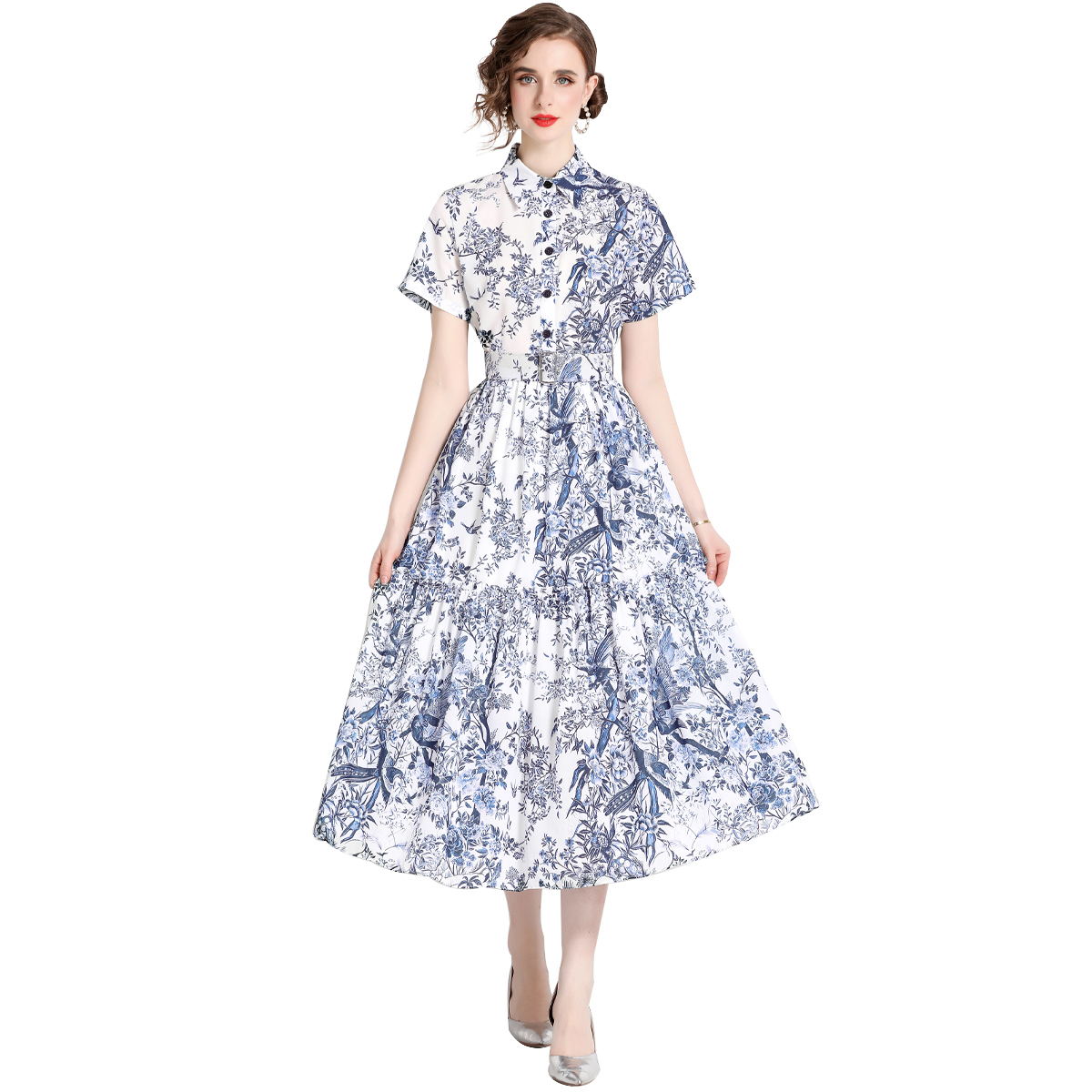 

Short Sleeve Print Lapel Shirt Dress 2023 Summer Woman Designer Streetside Cafe Ink Painting Midi Dresses Lady Office Chic High Waist Slim A-Line Frocks Party Robe, 13