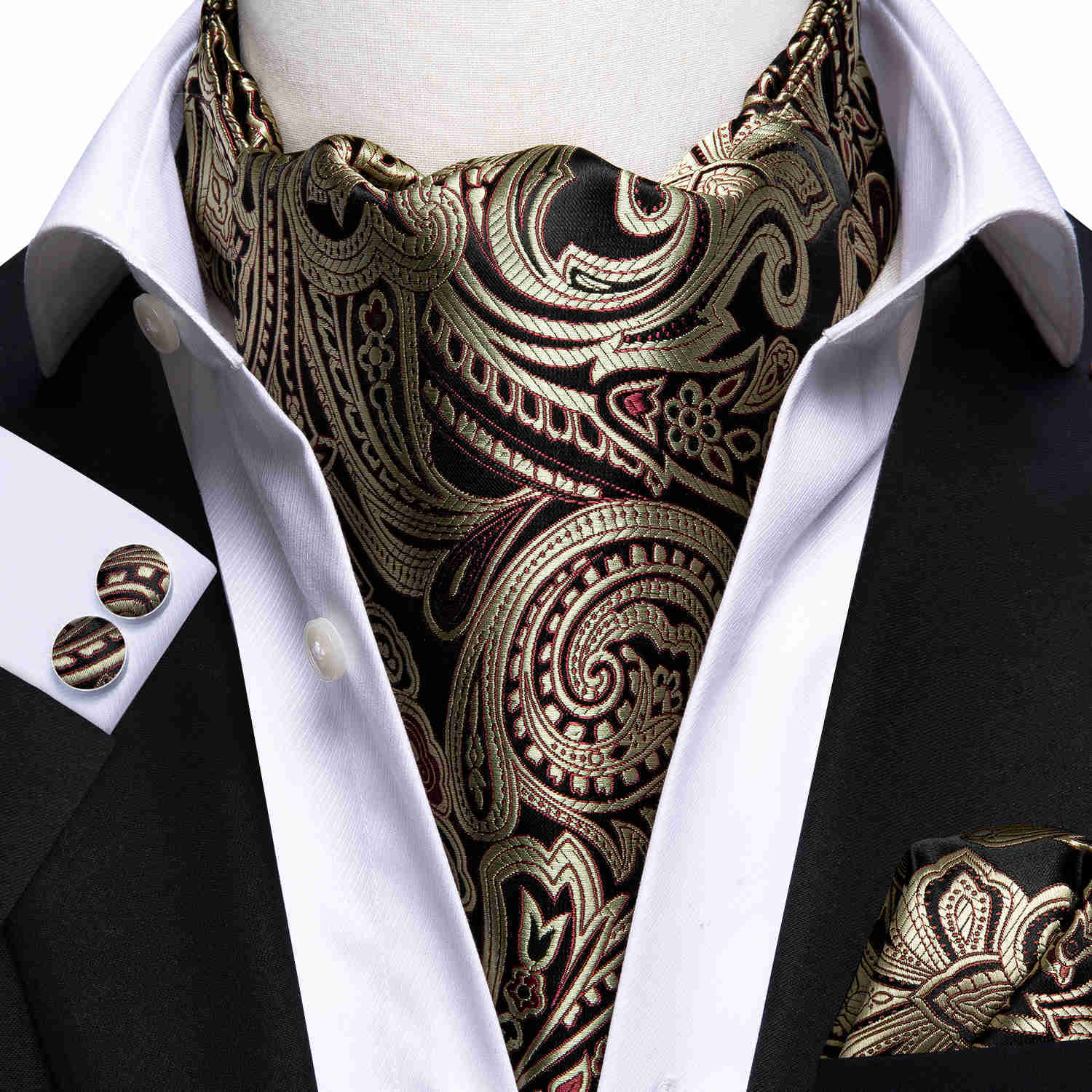 

Neck Ties Silk Luxury Paisley Scarf Tie Black Golden Ascot Cravat Set for Men Vintage Casual Big Floral Wedding Neck Tie Pocket Square Set J230227