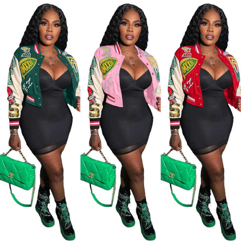 

Women Clothes Baseball Single Breasted Coats New Double Layer Threaded Woolen Bomber Suit Full Position Print, Brown