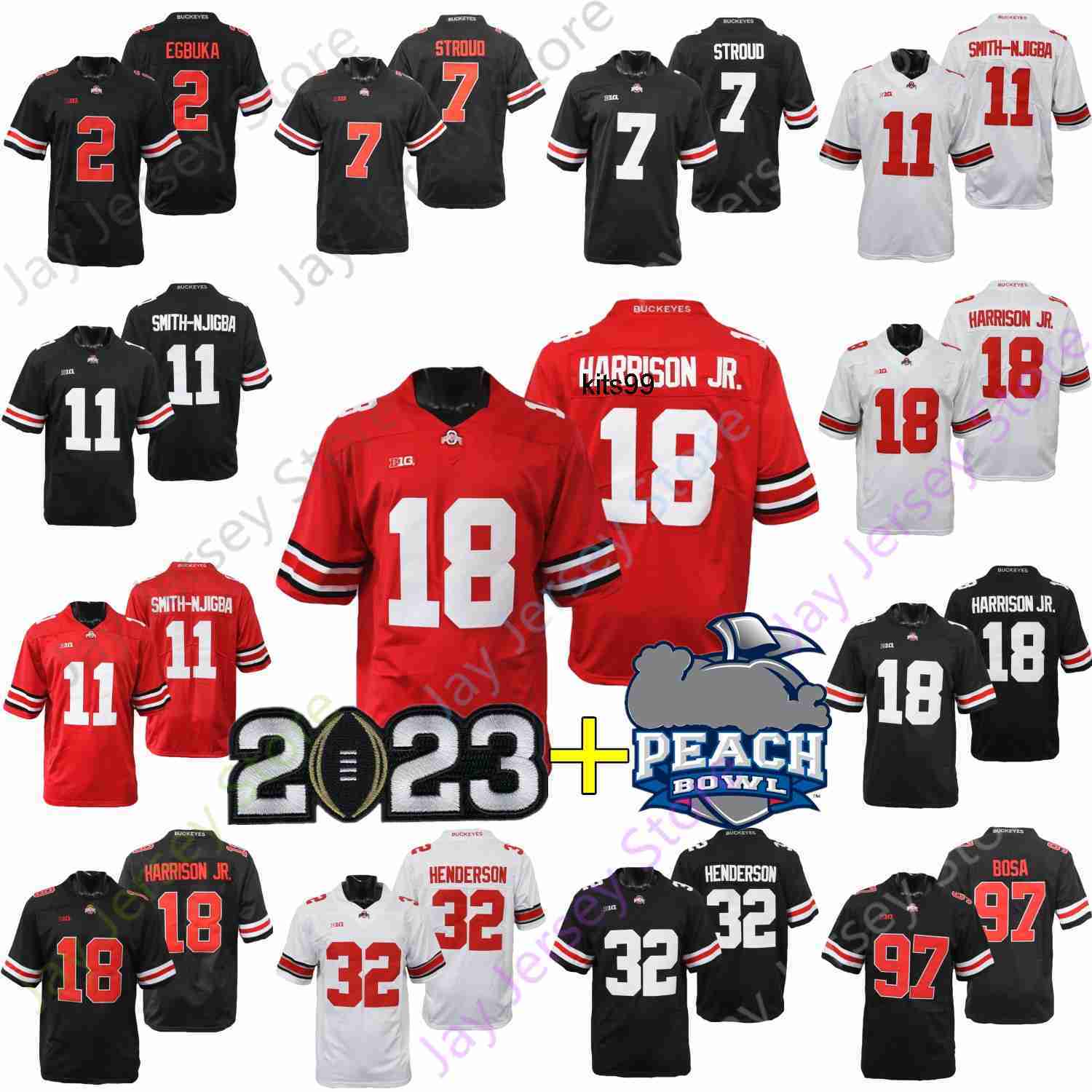 

2023 Playoff Peach Bowl Ohio State Buckeyes Football Jersey NCAA College OSU C.J. Stroud Henderson Jaxon Smith-Njigba Marvin Harrison Jr., White+2 patches