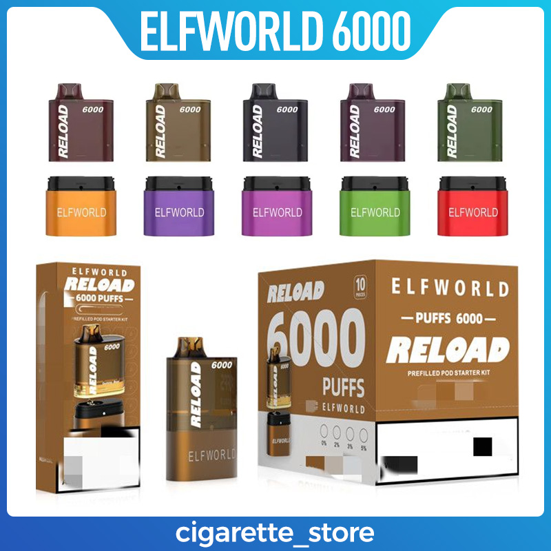 

Original Elfworld Reload 6000 Puffs E Cigarettes Disposable Box Vape Pen 650mAh Rechargeable 12ml Refilled Reuse Cartridges Mesh Coil 5% Nic Vapes Pod Bar Vaporizers
