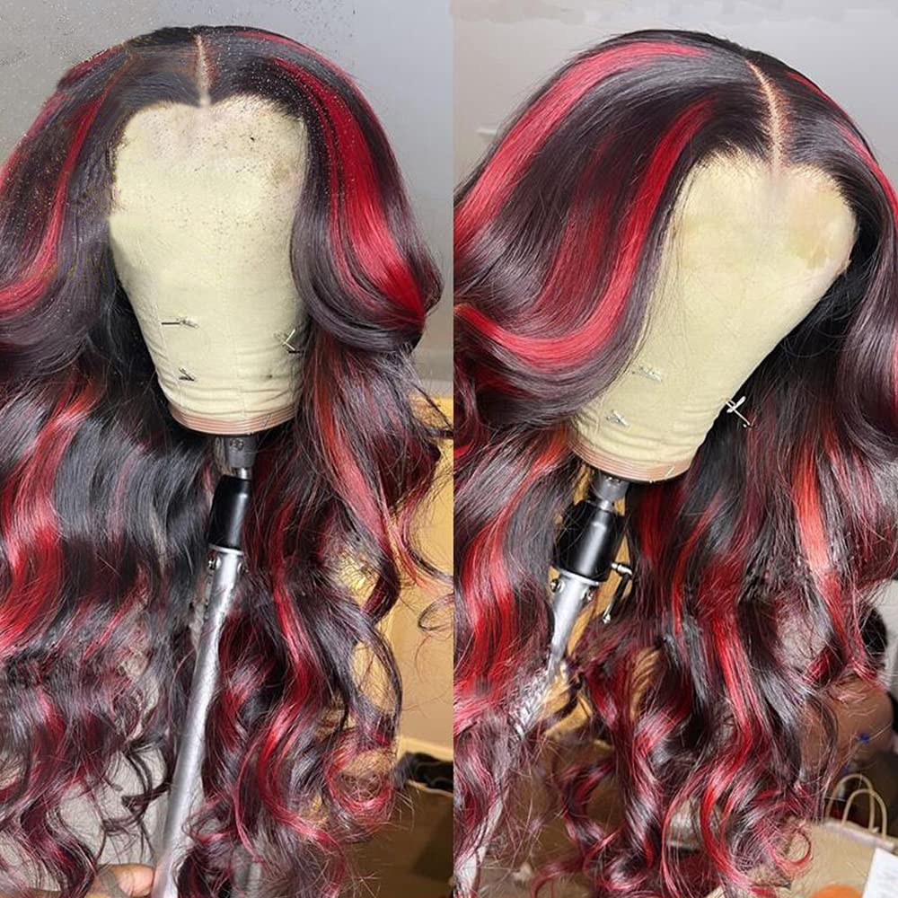

long Red Highlight Wig Human Hair 13x4 Body Wave Lace Front Wig Ombre Red With Black Colored Synthetic Wigs Pre Plucked