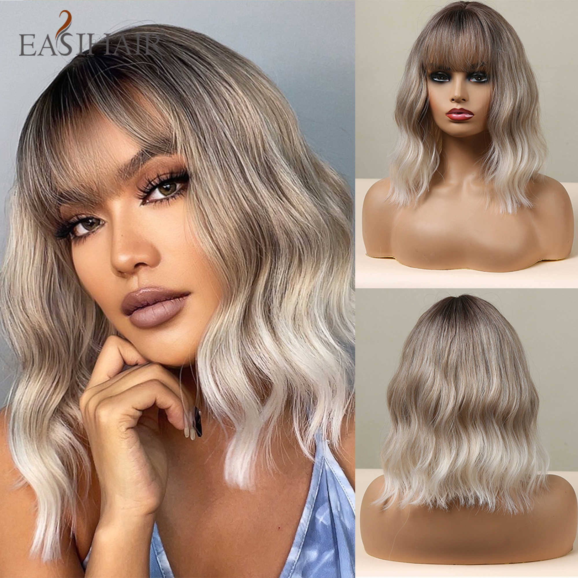 

Synthetic Wigs Easihair Grey Ombre Wigs with Bangs Synthetic Short Bob Light Brown Wavy Wig Glueless Natural Wave Heat Resistant 230227, Lc6082-1