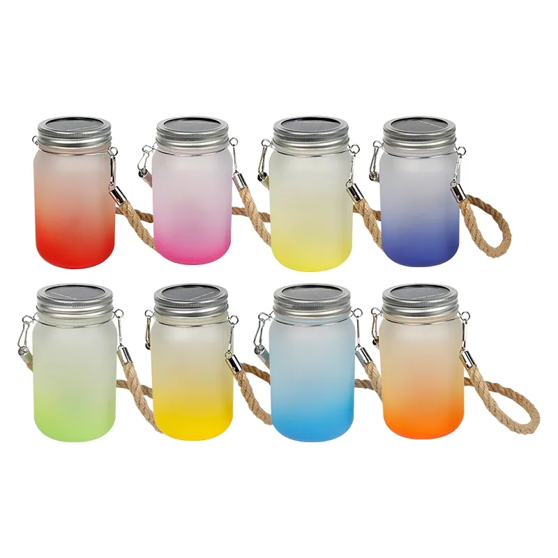 

Wholesale 15oz 450ml Sublimation Glass Mason Jars With Rope Mason Wide Mouth Glass Mug Colored Gradient Frosted Z11, Multi-color