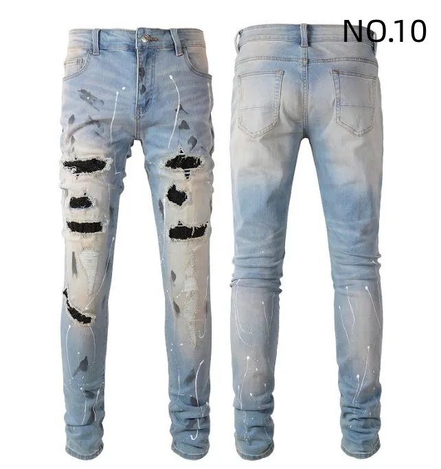 

Skinny Fashion Men's Jeans Distressed Ripped Mens Motorcycle Moto Long Off Cotton Slim Feet High Street Denim Light Blue Paste Cloth Hole Size 40 Pants Hip Hop Men 7CBP, No.5