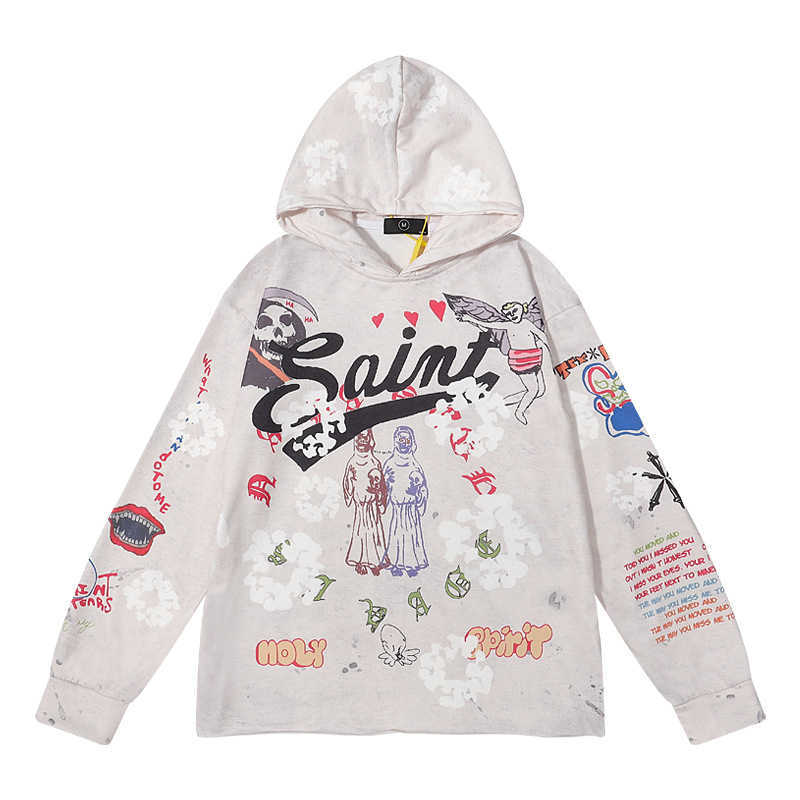 

Fashion Brand Luxury Saint Mxxxxxx x Denim Tears American Style Loose Illustration Pullover Hooded Sweater, Apricot