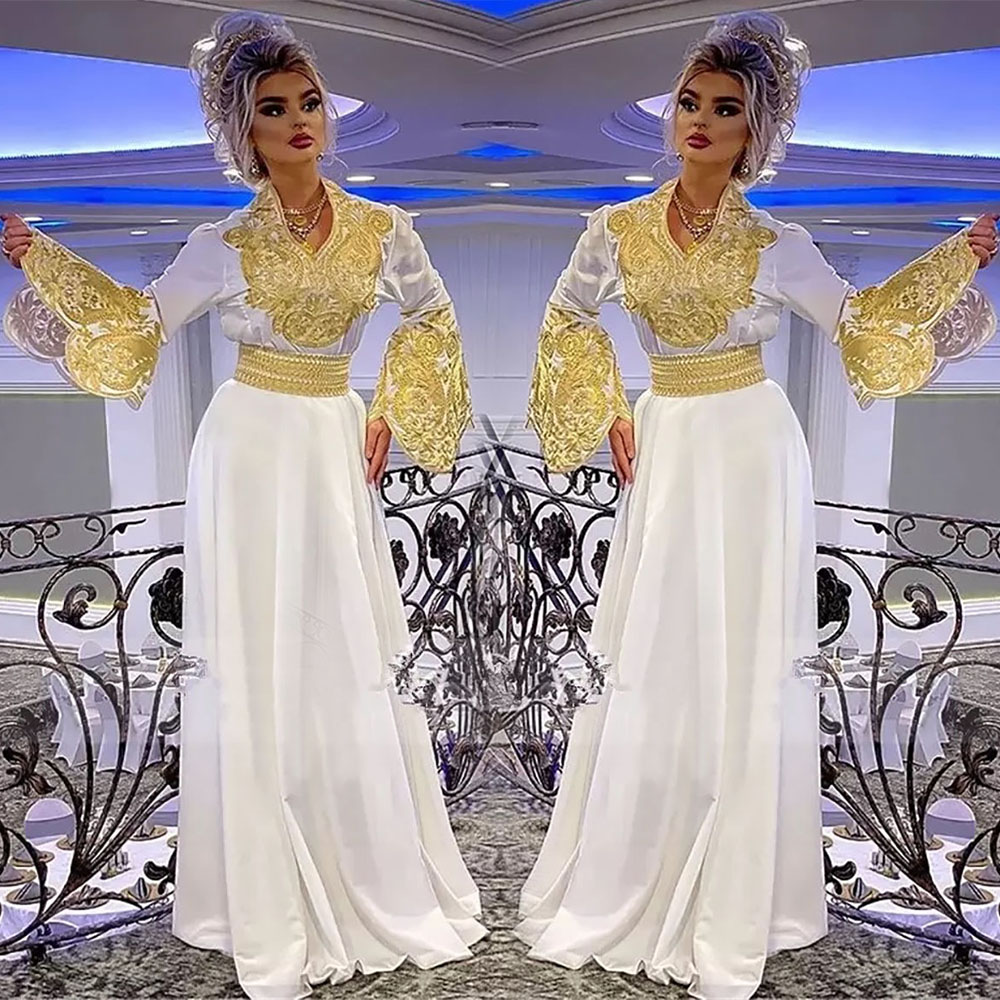 

White Evening Dresses Plus Size Prom Party Gown Formal Floor-Length New Custom Gold Applique A Line V-Neck Satin Long Sleeve NONE Train, Dark navy