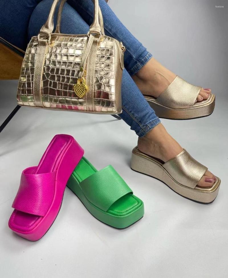 

Slippers Summer Square Toe Thick Bottom Female Large Size Simple Beach Flip Flops Platform Sandals Women Gold Shoes Slides, Green