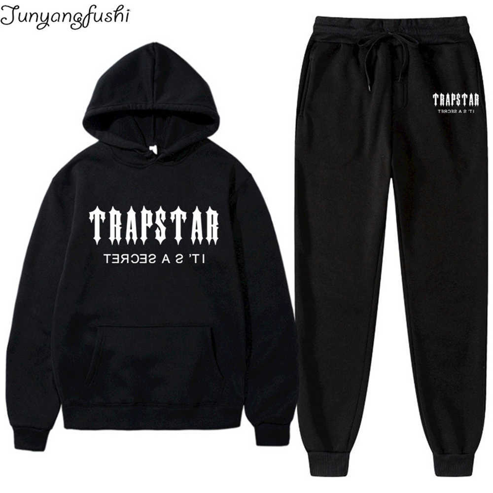 

Men's Tracksuits Trapstar Fashion Spot Men's new sportswear Hooded sweatshirt and pants set 28 color loose running novel large cotton print Z0224, Black 44