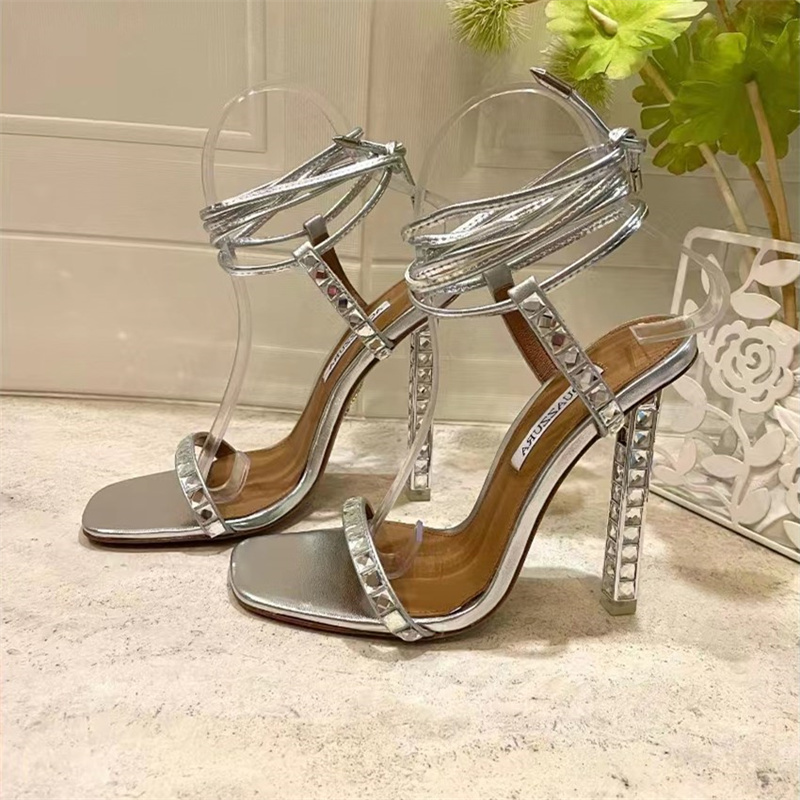 

Aquazzura Crystal decorative High heeled sandal rhinestone -encrusted strap spool Heels sky-high heel for women summer luxury designers shoes party35-42size 11CM, Shoe box