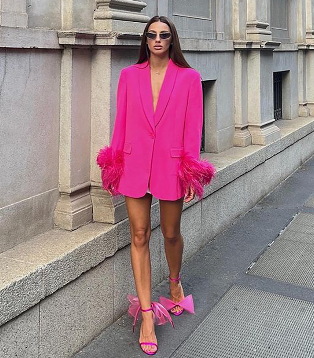 

Women' Suits Blazers Women Feather Jacket 2023 Fashion Spring Ladies Elegant Long Sleeve Rose Red Coat Office Wear 230228