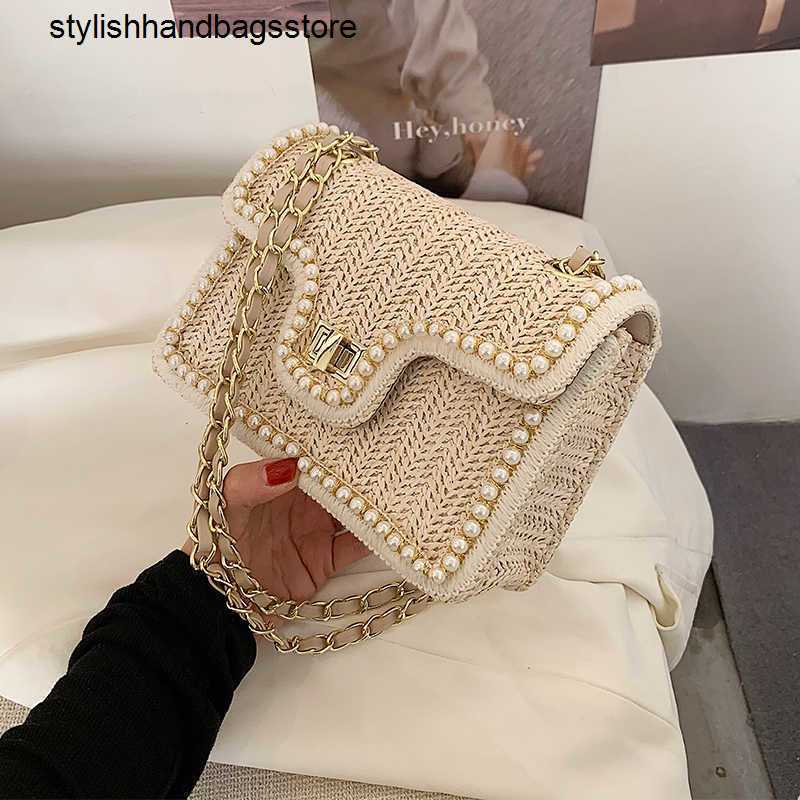 

Bags Weave Square Crossbody 2022 Summer handbag New quality Straw pearl Women's Designer Handbag Pearl Chain Shoulder Y2209, 21 cm beige