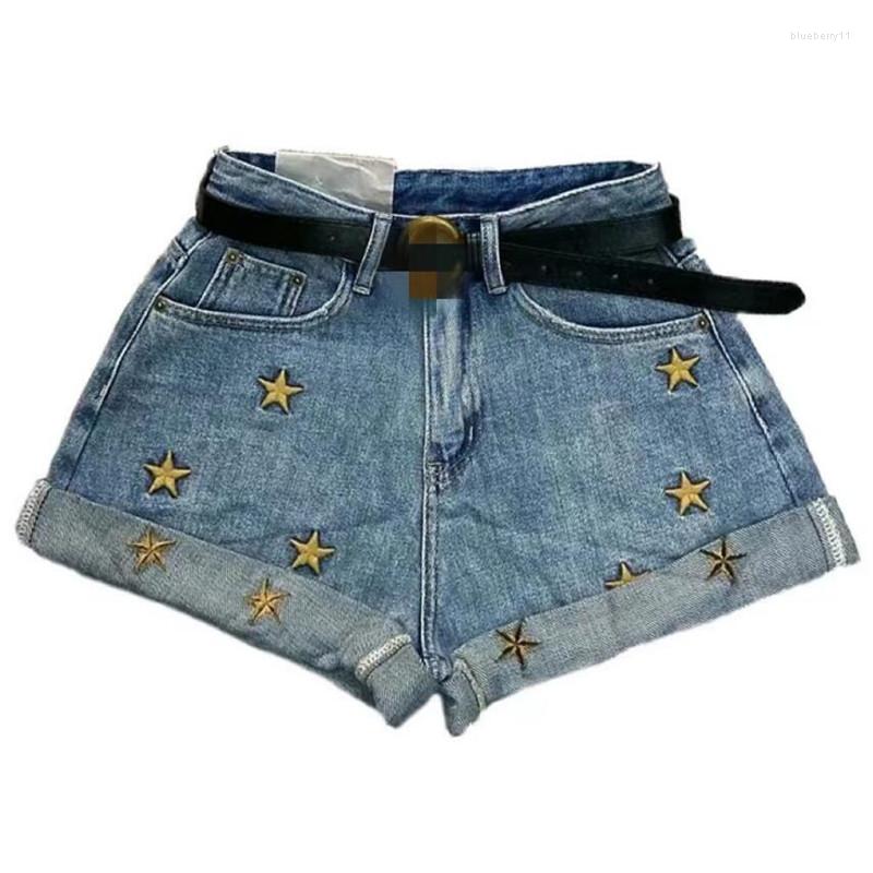 

Women' Shorts Embroidered Pentagram Denim Women Summer High Waist Loose Wide Leg Crimping Jean Q284, Blue