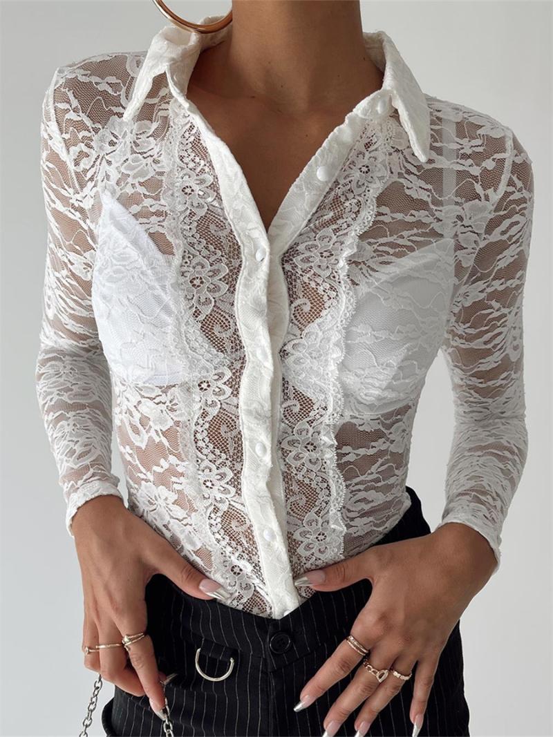 

Women' Blouses & Shirts Wsevypo See Through Lace Sheer White Button Up Shirt Casual Office Lady Long Sleeve Lapel Collar Slim Fit Tops Spri