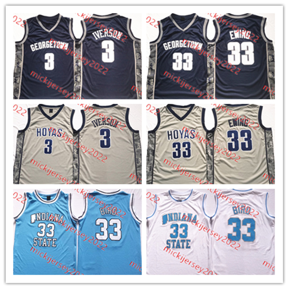

College Basketball Wears Mens Stitched Basketball Jersey Georgetown Hoyas 3 Allen Iverson 33 Patrick Ewing #Indiana State Sycamores 33 Larry Bird Jerseys S-3XL, 33 larry bird indiana state sycamores