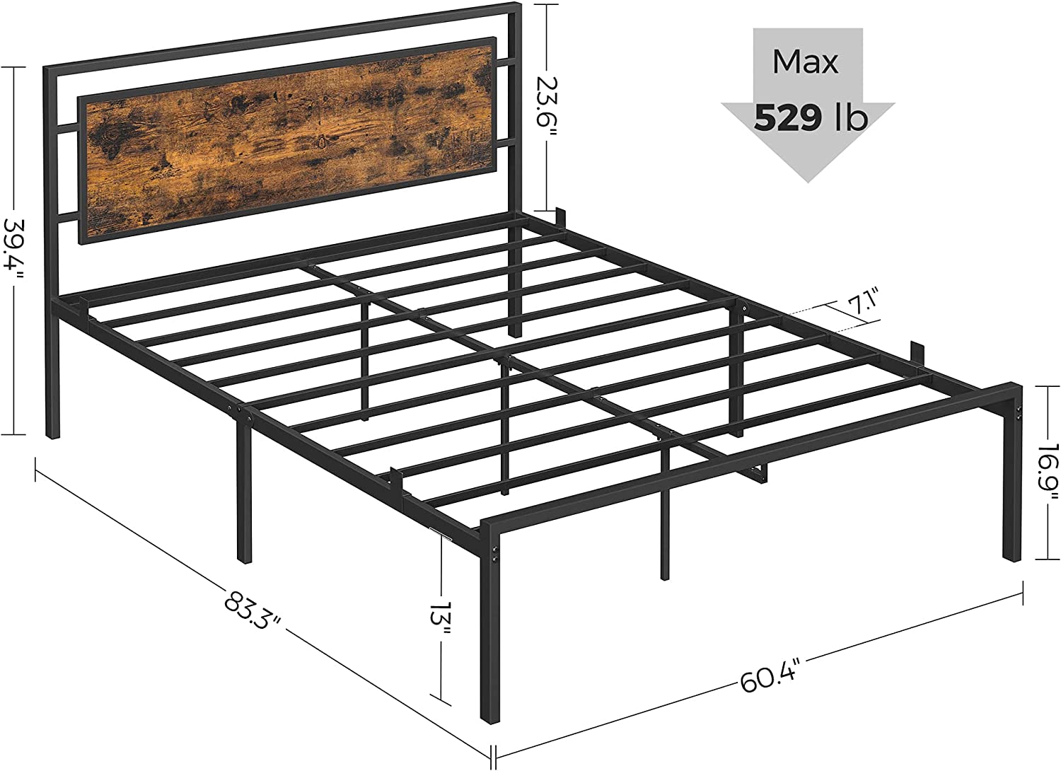 

Queen Size Metal Bed Frame with Headboard, No Box Spring Needed Platform Bed, Under-Bed Storage