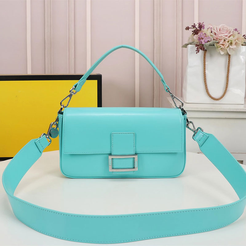 

Multicolour Baguette Bag Crossbody Hand Bag Shoulder Bags Flap Purse Top Handle Tote Handbags Women Totes Designer Luxury Pouch Silver Hardware Hasp Wide Strap, Blue 27cm