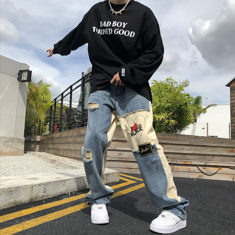 

Men' Pants High street Y2K retro jeans stitching ripped jeans men' ins brand niche fried street hiphop design casual trousers 230227