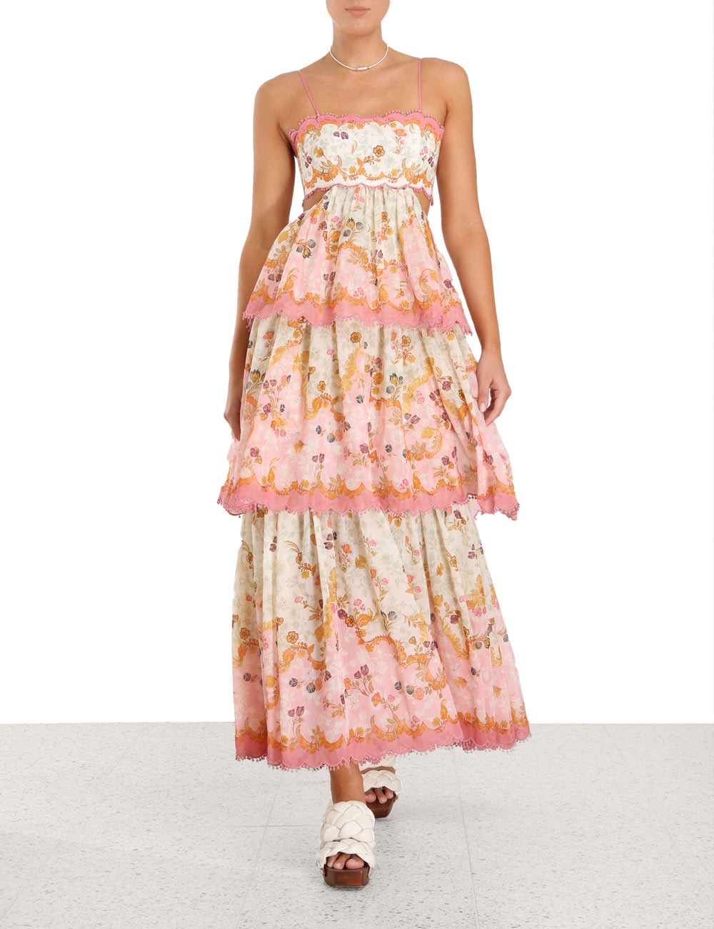 

Runway Dresses 2023 Australian designer designed shell lace peach color gradient flower pattern sling dress 02, Multi