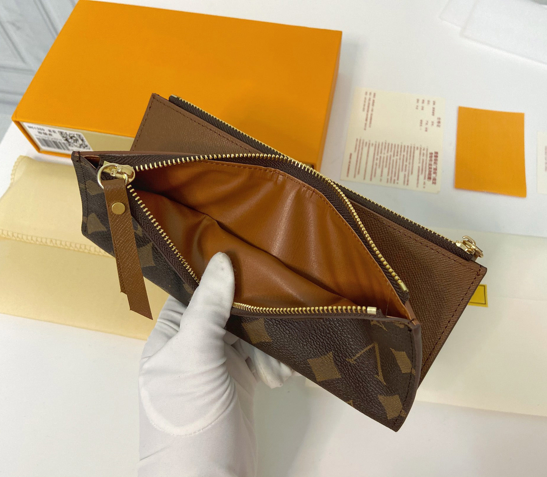 

Fashion designer wallets luxury Adele purse mens womens clutch Highs quality flower letter zipper coin purses ladies slim card holders original box double bag style, 61269#brown monogrames